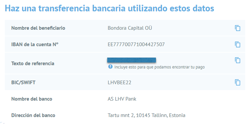 Estos son los datos para hacer una transferencia bancaria en Bondora.